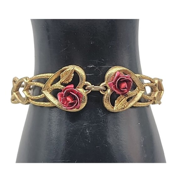 The Art of Beauty Cuff Bangle Bracelet Double Red Rose Buds Gold Tone Size 7 - Picture 1 of 16